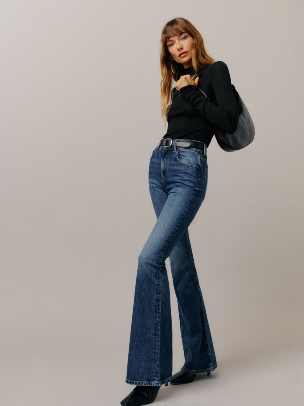Reformation Margot High Rise Flare Jeans Fitted Wide Leg Dark Wash Denim